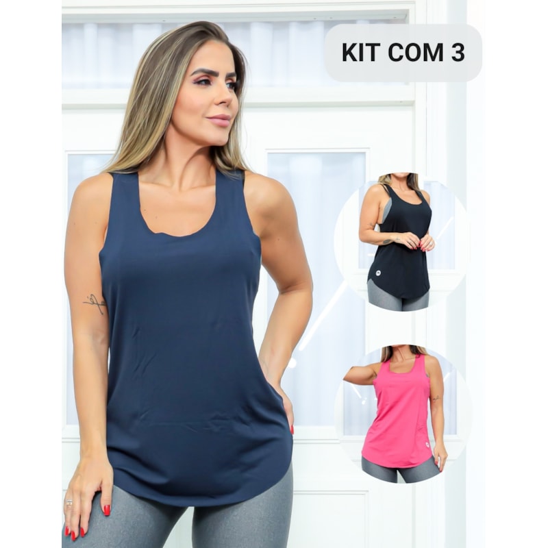 Kit com 3 Camisetas Regata Feminina Estilo Nadador Academia ou Casual