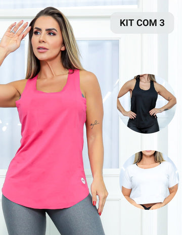 Kit 3 Regatas Blusinha Cropped Fitness Feminina Corrida Academia