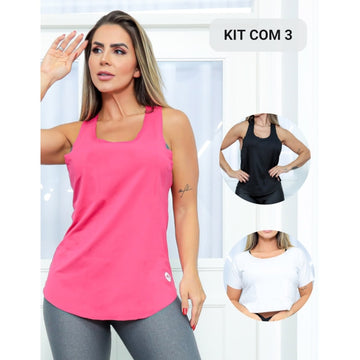 Kit 3 Regatas Blusinha Cropped Fitness Feminina Corrida Academia