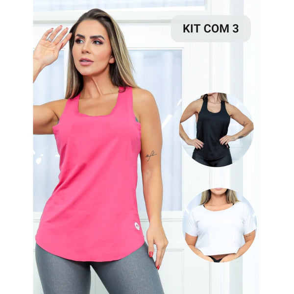 Kit 3 Regatas Blusinha Cropped Fitness Feminina Corrida Academia