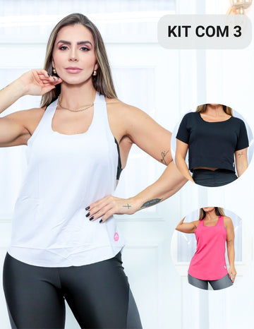 Kit 3 Regatas Blusinha Cropped Fitness Feminina Corrida Academia em Viscolycra