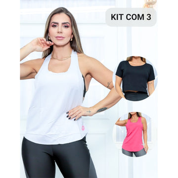 Kit 3 Regatas Blusinha Cropped Fitness Feminina Corrida Academia em Viscolycra