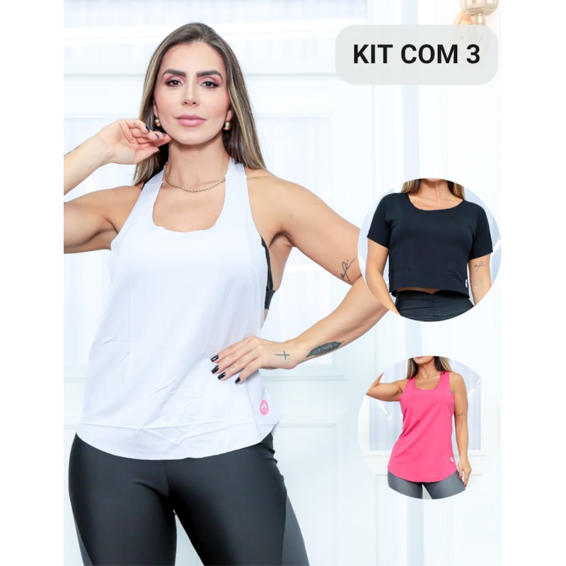 Kit 3 Regatas Blusinha Cropped Fitness Feminina Corrida Academia em Viscolycra