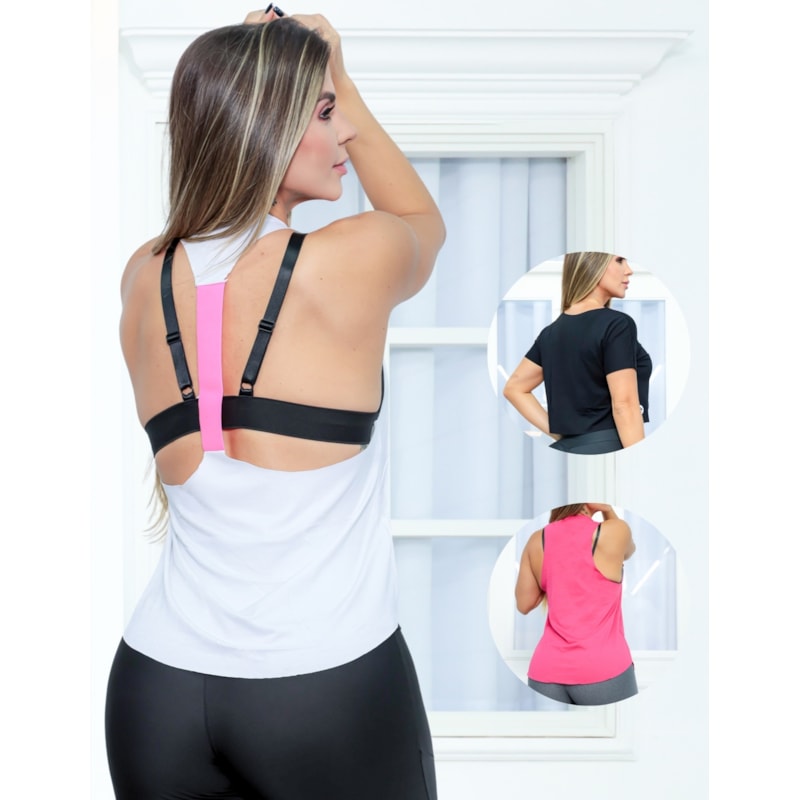 Kit 3 Regatas Blusinha Cropped Fitness Feminina Corrida Academia em Viscolycra
