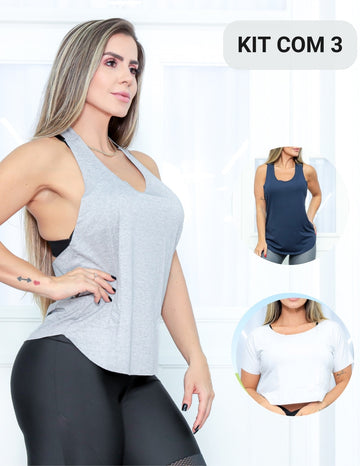Kit 3 Blusinha Cropped Regatas Feminina Academia em Viscolycra