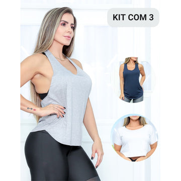 Kit 3 Blusinha Cropped Regatas Feminina Academia em Viscolycra