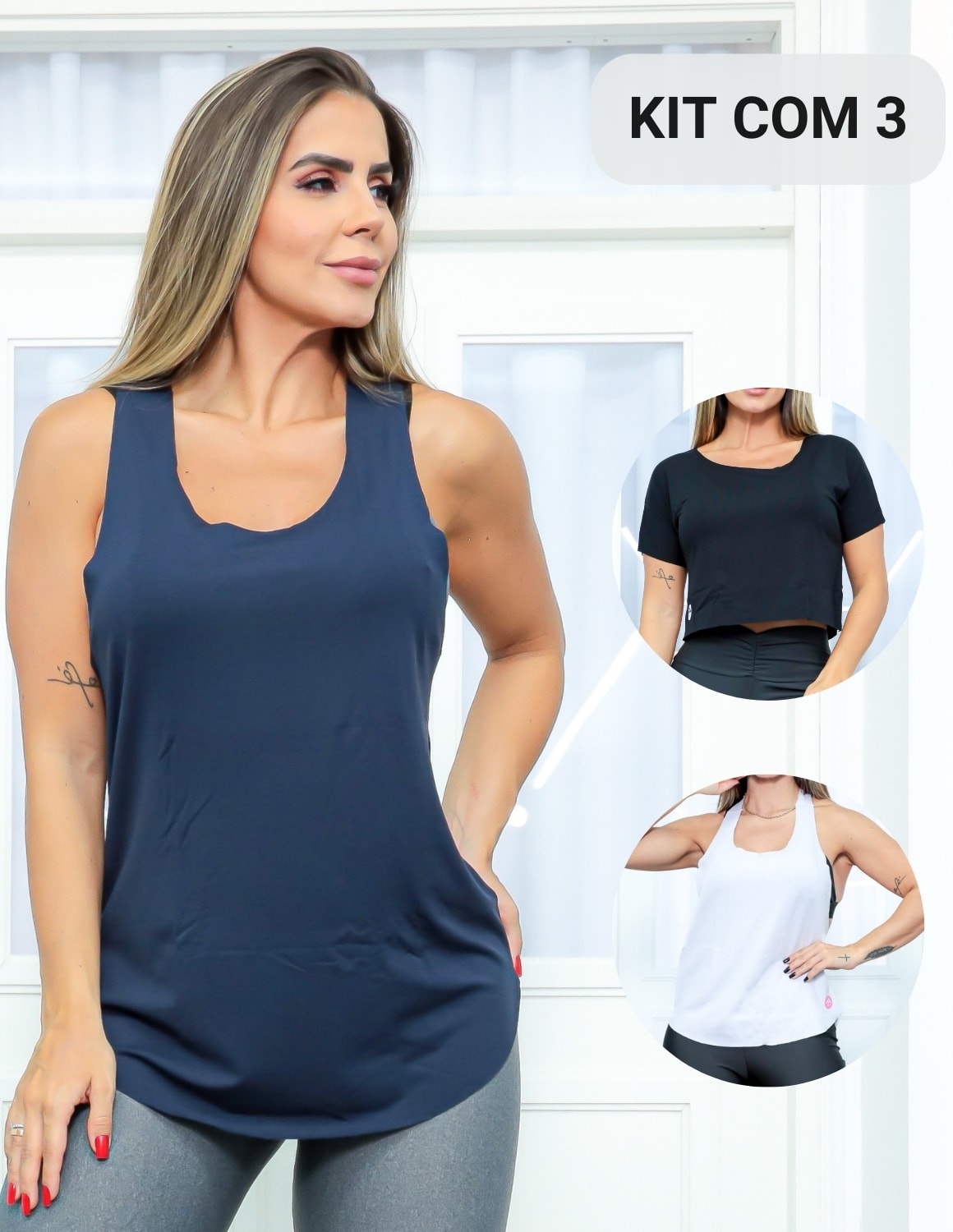 Kit com 3 Blusinhas Regata Cropped para Academia Feminina Corrida