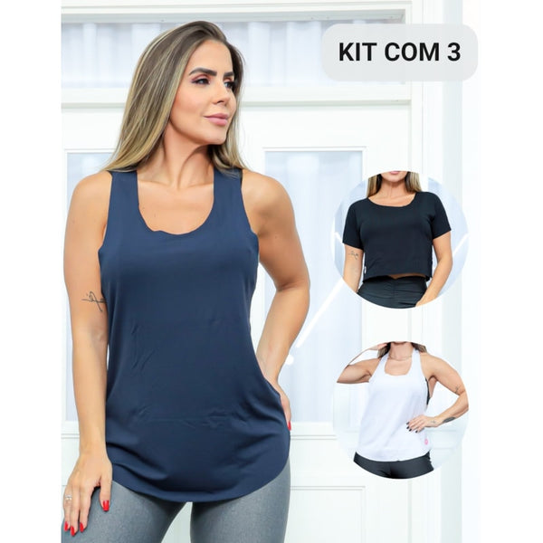 Kit com 3 Blusinhas Regata Cropped para Academia Feminina Corrida