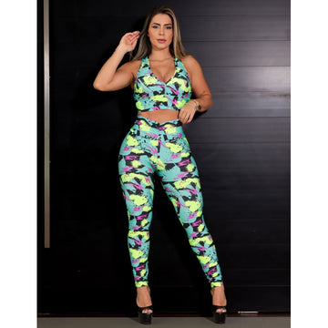 Conjunto Feminino Estampado Empina Bumbum Fitness Cropped com Bojo e Calça
