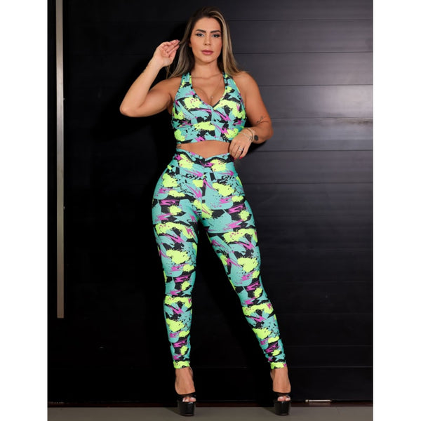 Conjunto Feminino Estampado Empina Bumbum Fitness Cropped com Bojo e Calça
