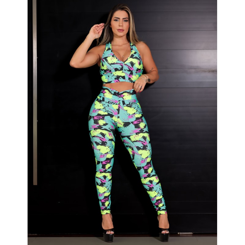 Conjunto Feminino Estampado Empina Bumbum Fitness Cropped com Bojo e Calça