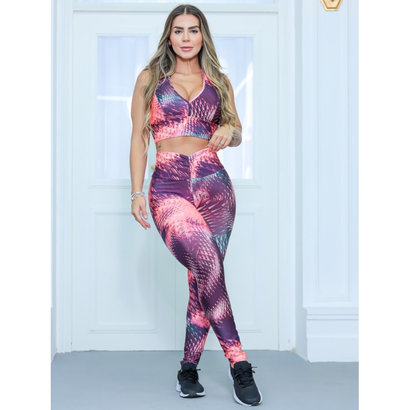 Conjunto Estampado Feminino Empina Bumbum para Academia Calça e Cropped com Bojo