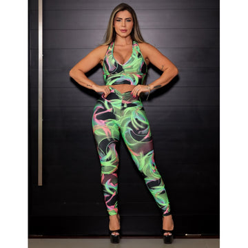 Conjunto Estampado Feminino Calça Empina Bumbum e Cropped com Bojo