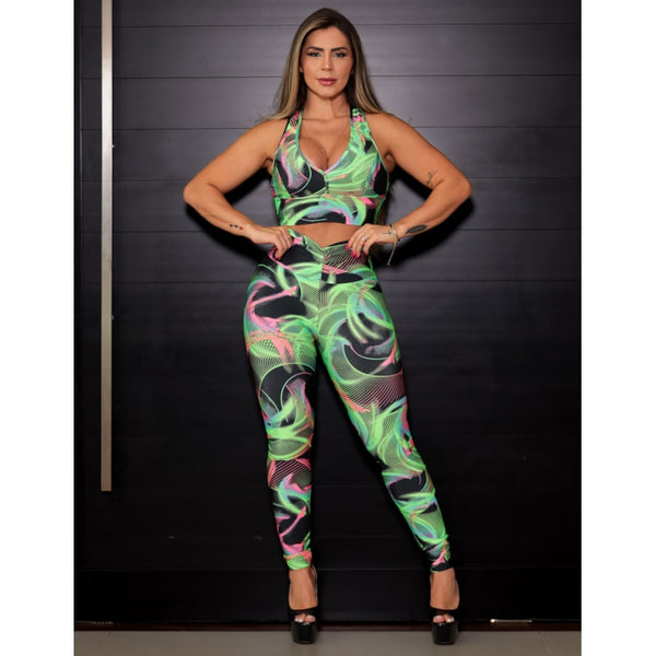 Conjunto Estampado Feminino Calça Empina Bumbum e Cropped com Bojo