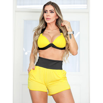 Conjunto Fitness Feminino em Dry Fit com Top e Shortinho com Bolso