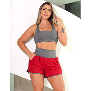 Conjunto Fitness Feminino Top com Bojo e Short Running com Bolsos Laterais
