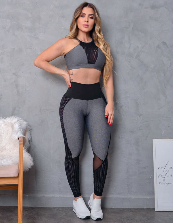 Conjunto Feminino Fitness Cropped sem Bojo e Calça com Tela de Poliamida