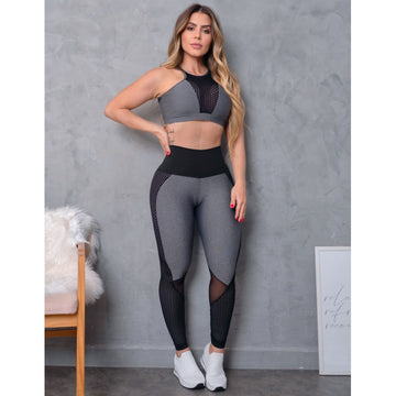 Conjunto Feminino Fitness Cropped sem Bojo e Calça com Tela de Poliamida