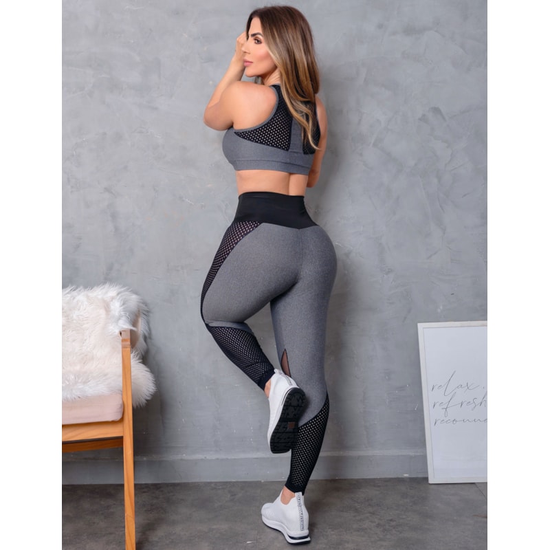 Conjunto Feminino Fitness Cropped sem Bojo e Calça com Tela de Poliamida