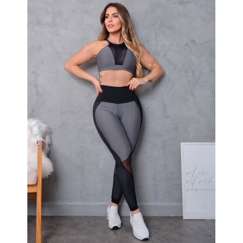 Conjunto Feminino Fitness Cropped sem Bojo e Calça com Tela de Poliamida