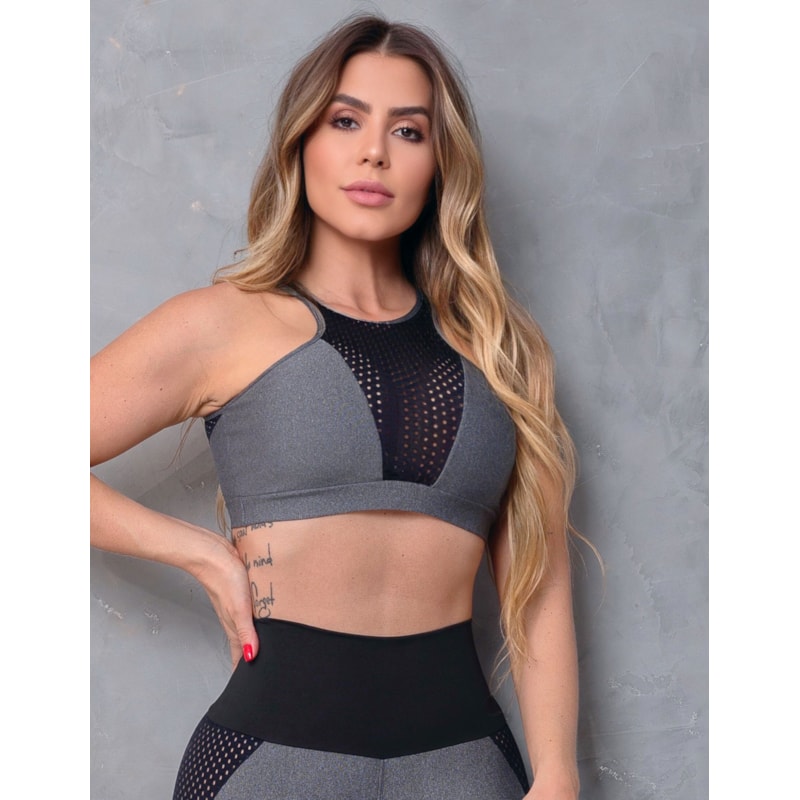 Conjunto Feminino Fitness Cropped sem Bojo e Calça com Tela de Poliamida