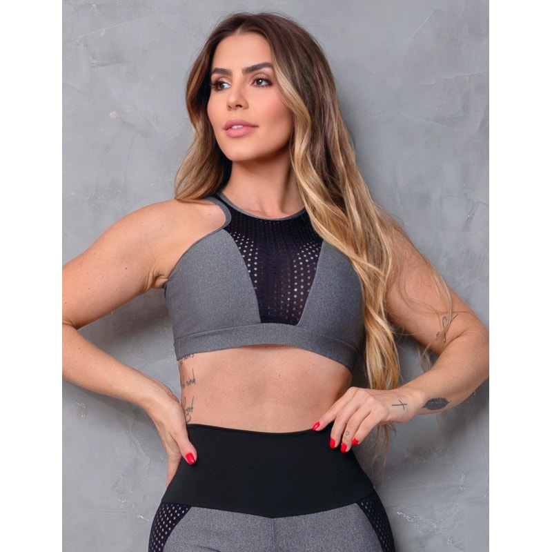 Cropped Feminino para Academia com Tela de Poliamida sem Bojo