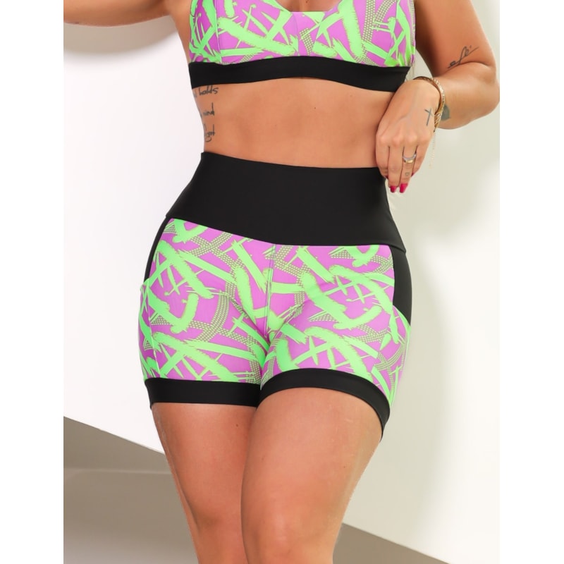 Shortinho Feminino Academia Fitness Estampado Cós Alto e Bolsos