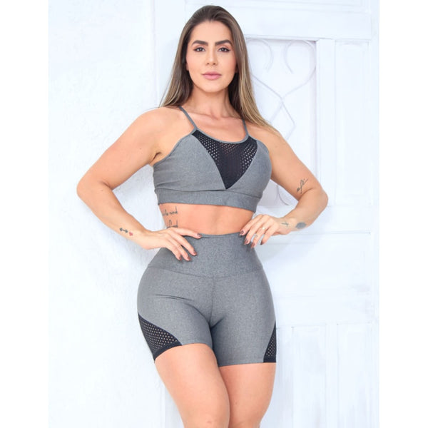 Conjunto Fitness Feminino com Recortes em Tela Short e Cropped com Bojo Removível