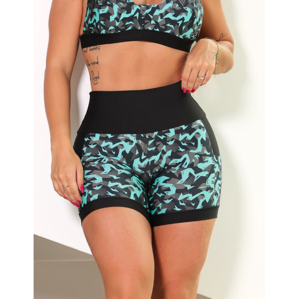 Shortinho Feminino Academia Fitness Estampado Cós Alto e Bolsos