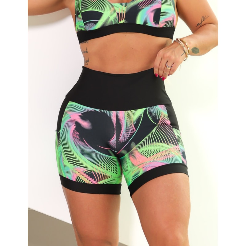 Shortinho Feminino Academia Fitness Estampado Cós Alto e Bolsos