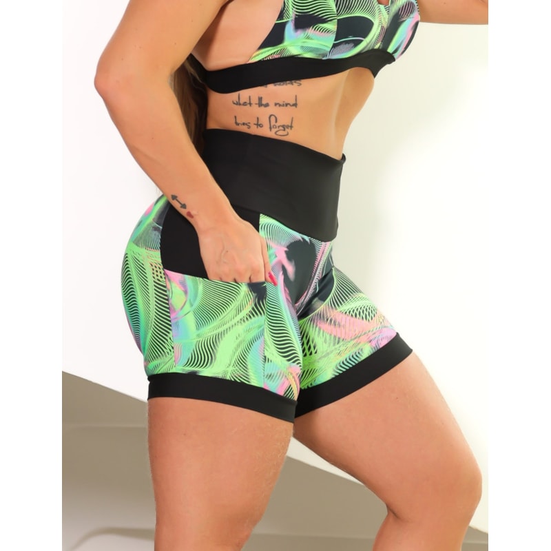 Shortinho Feminino Academia Fitness Estampado Cós Alto e Bolsos