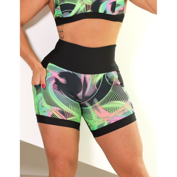 Shortinho Feminino Academia Fitness Estampado Cós Alto e Bolsos