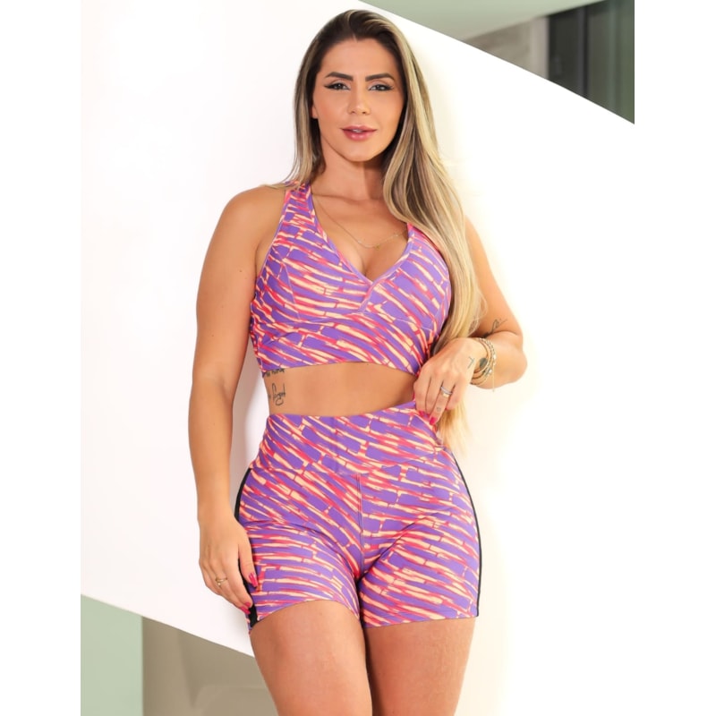 Conjunto Fitness Feminino Short e Cropped com Bojo Estampado
