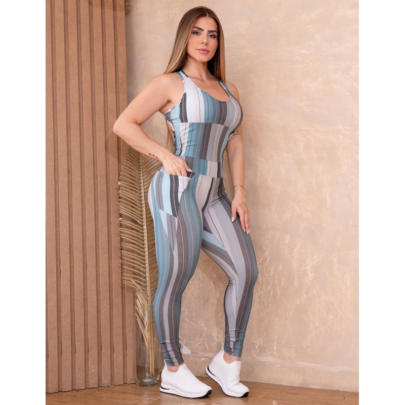 Macacão Fitness Feminino Empina Bumbum Estampado com Bolsos Laterais e Bojo