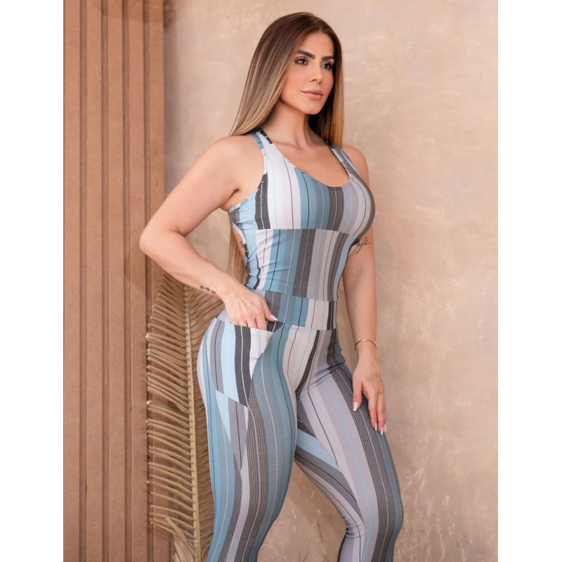 Macacão Fitness Feminino Empina Bumbum Estampado com Bolsos Laterais e Bojo