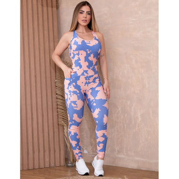 Macacão Empina Bumbum Feminino Estampado com Bojo e Bolsos Laterais