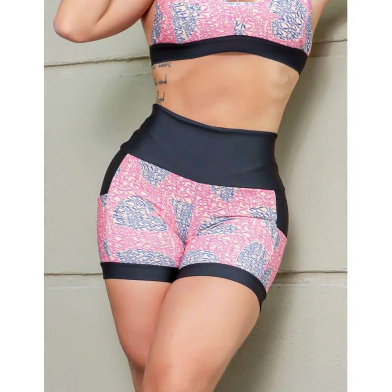Shortinho Feminino Academia Fitness Estampado Cós Alto e Bolsos
