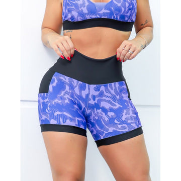 Shortinho Feminino Academia Fitness Estampado Cós Alto e Bolsos