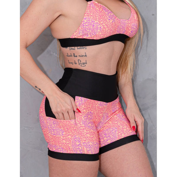 Shortinho Feminino Academia Fitness Estampado Cós Alto e Bolsos
