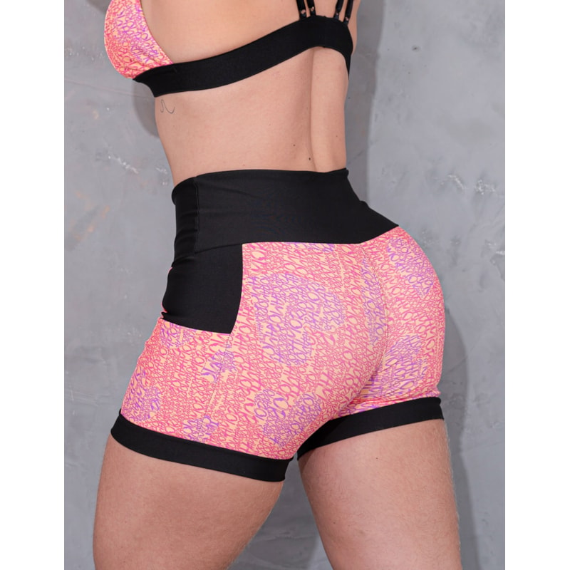 Shortinho Feminino Academia Fitness Estampado Cós Alto e Bolsos