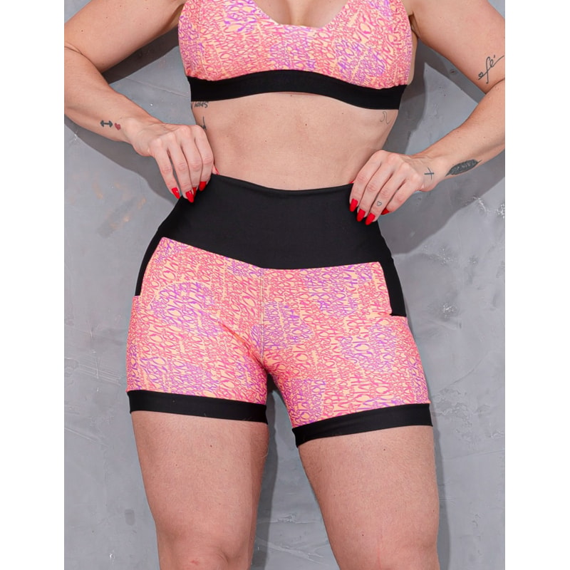 Shortinho Feminino Academia Fitness Estampado Cós Alto e Bolsos