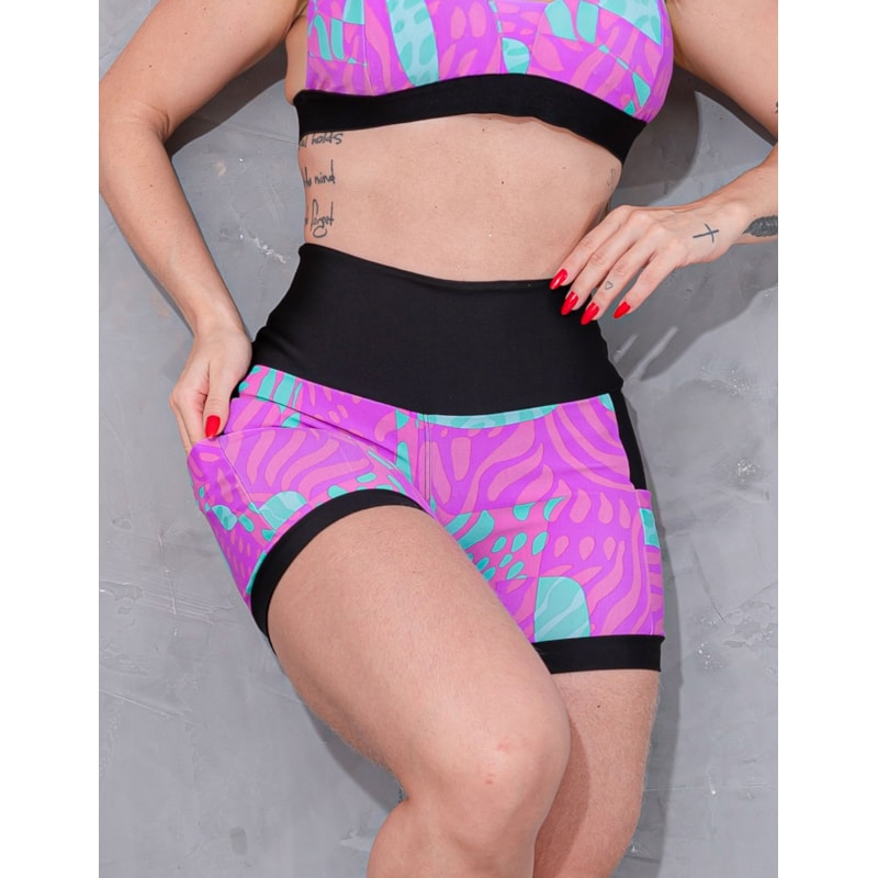 Shortinho Feminino Academia Fitness Estampado Cós Alto e Bolsos