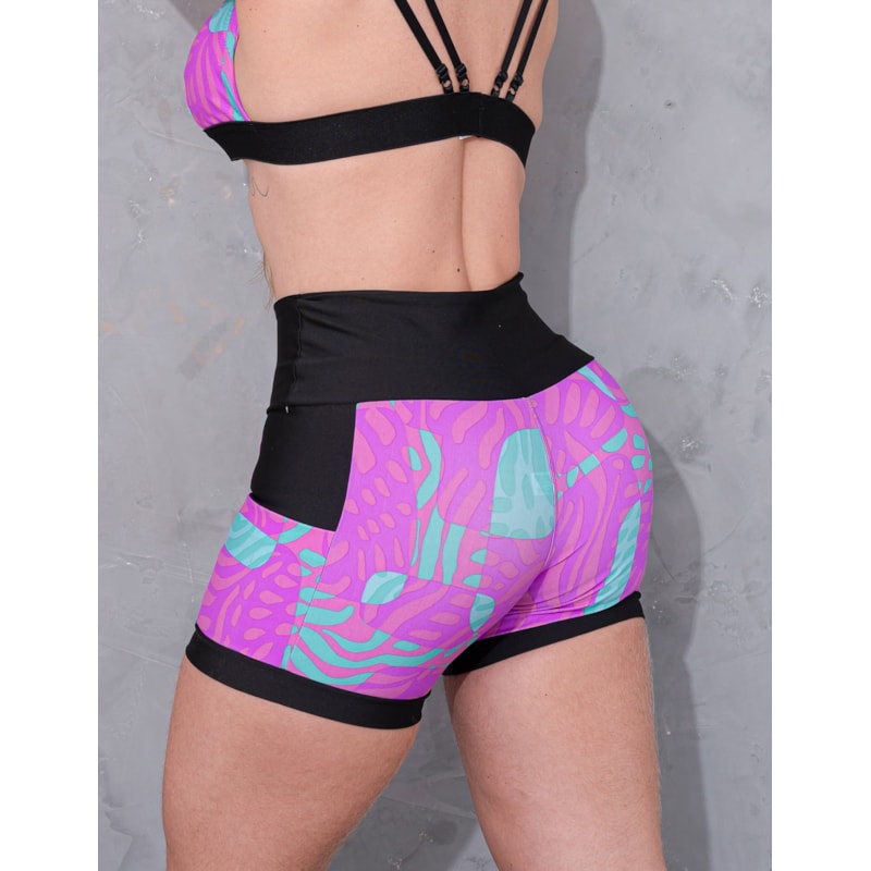 Shortinho Feminino Academia Fitness Estampado Cós Alto e Bolsos