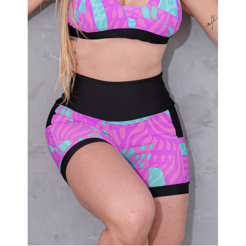 Shortinho Feminino Academia Fitness Estampado Cós Alto e Bolsos