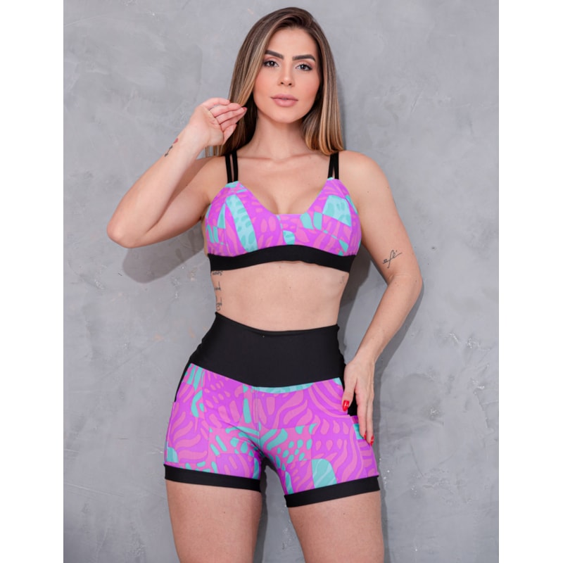 Conjunto Feminino Estampado Short Top com Bojo e Bolsos Laterais