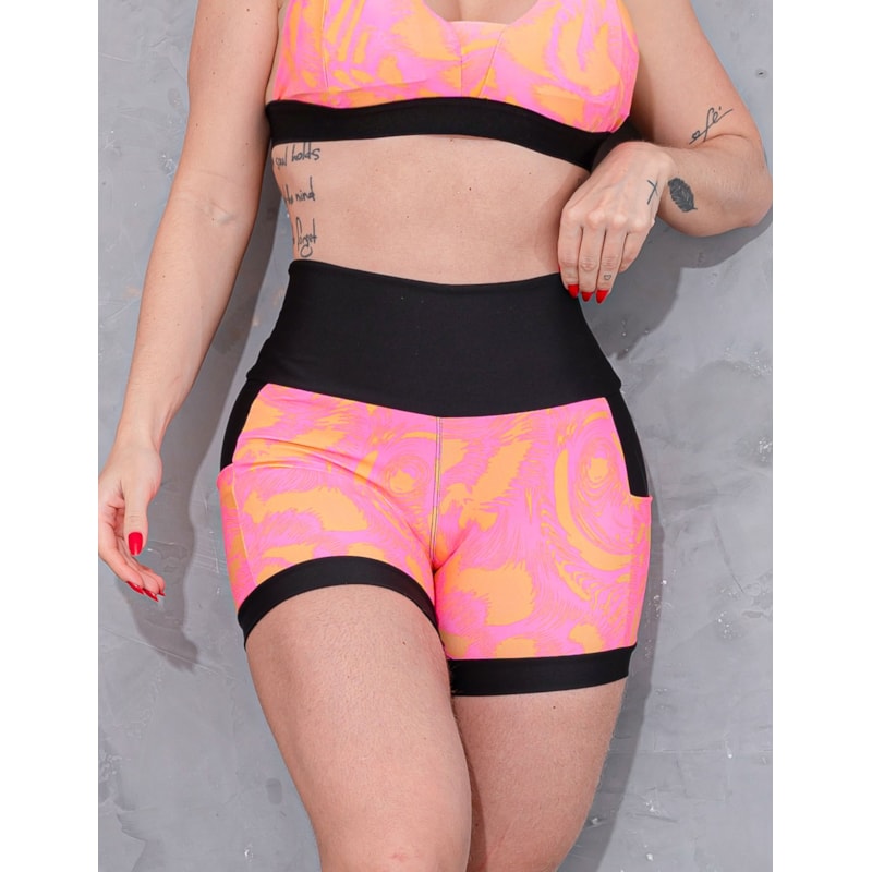 Shortinho Feminino Academia Fitness Estampado Cós Alto e Bolsos