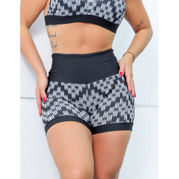 Shortinho Feminino Academia Fitness Estampado Cós Alto e Bolsos