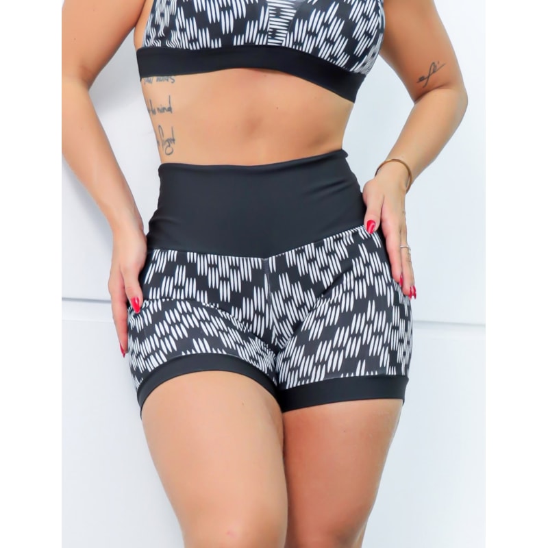 Shortinho Feminino Academia Fitness Estampado Cós Alto e Bolsos