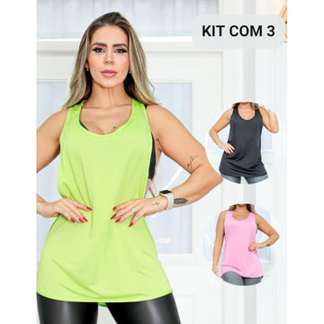 Kit com 3 Camisetas Regata Esportiva Feminina em Dyr Fit Cavada