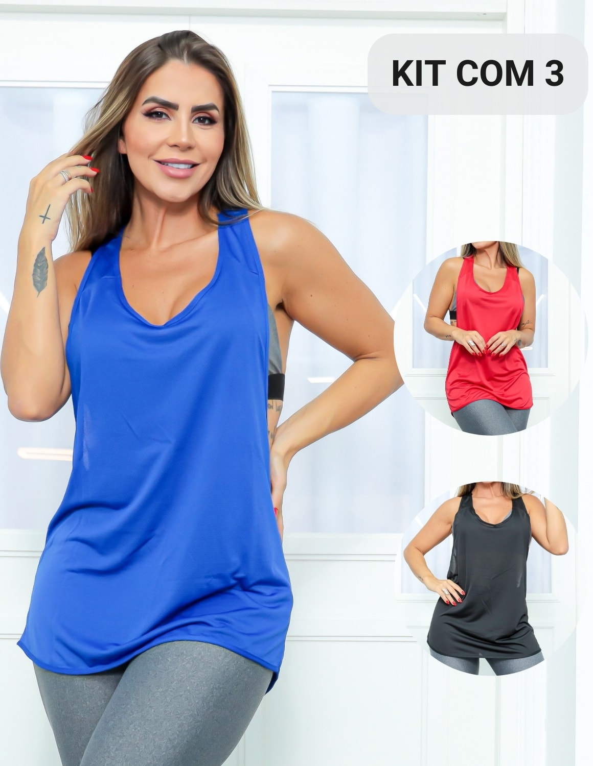 Kit com 3 Camisetas Cavadas Feminina para Academia em Dry Fit Furadinha